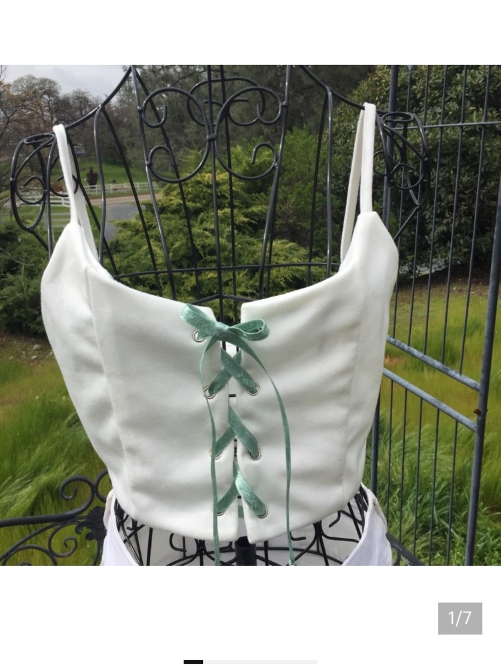 White Cropped Lace-Up Spaghetti Strap Top -  vintage Mint Tie Detail